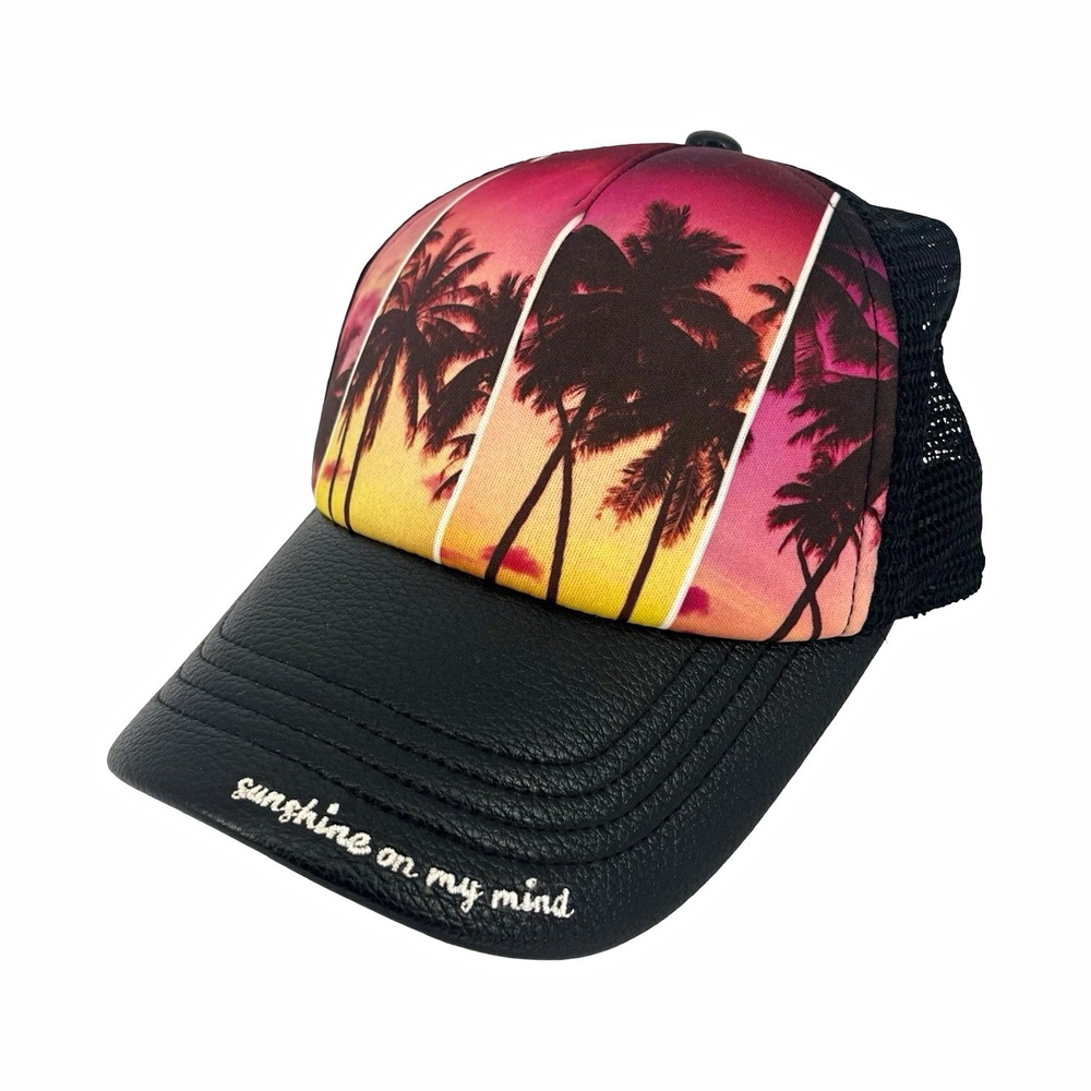 Sunshine On My Mind Trucker Hat Tropical Palm Tree Faux Leather Snapback
